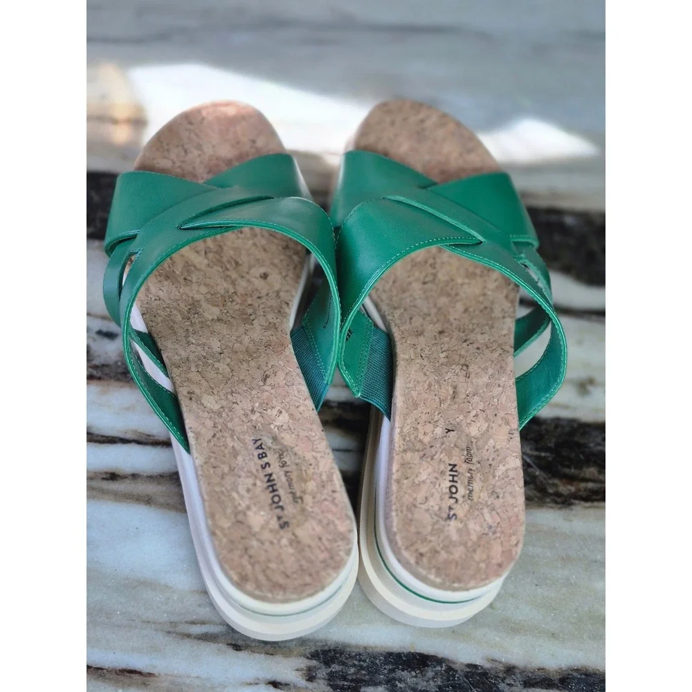 St Johns Bay Moat Green Platform Sandals Cork Memory Foam Slides Womens 9.5W